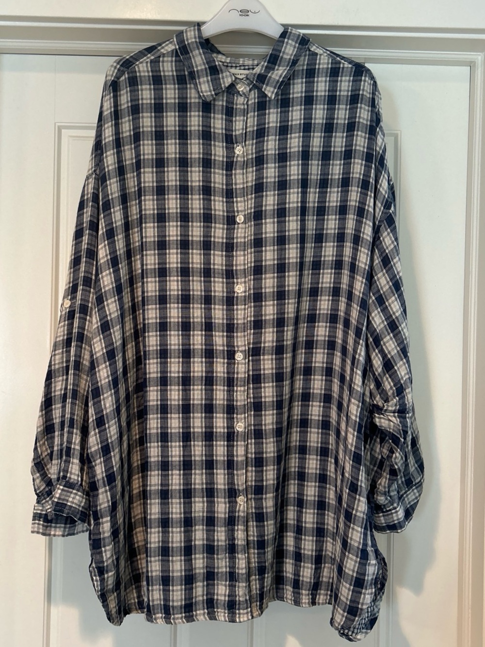 Max Studio Navy and White Plaid Button-Down Shirt